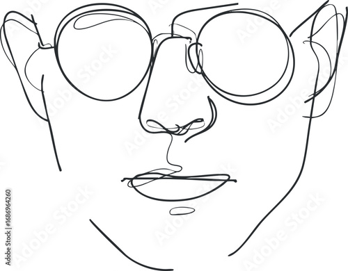 Minimalist one line drawing of a male face wearing round glasses with abstract continuous lines