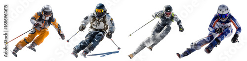 Four skiers are shown in a row, each wearing different colored outfits