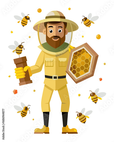 vector of a beekeeper in full gear holding honeycomb frame, surrounded by bees, isolated on white

