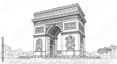 Minimalist single line drawing of the Arc de Triomphe in Paris, France. A famous monument honoring those who fought and died for France.