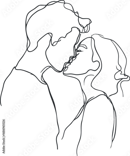 Minimalist line art drawing of a couple sharing a tender kiss depicting love and intimacy