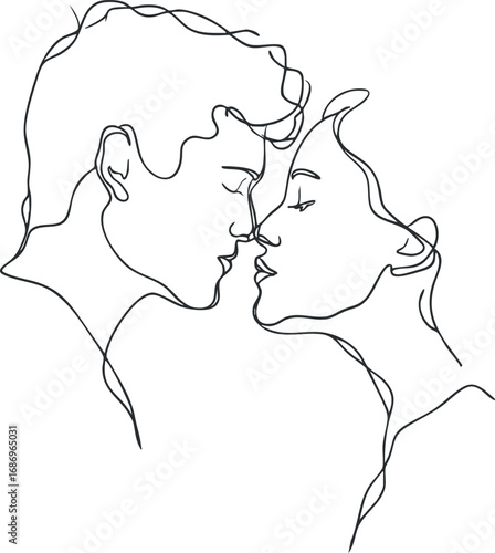Minimalist continuous line drawing of a couple about to kiss showing romantic affection and intimacy