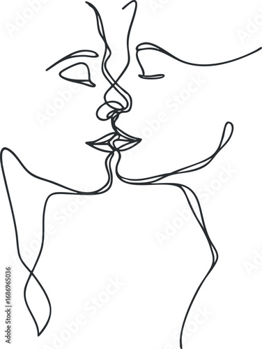 Minimalist one line drawing of two faces kissing symbolizing love and intimate connection