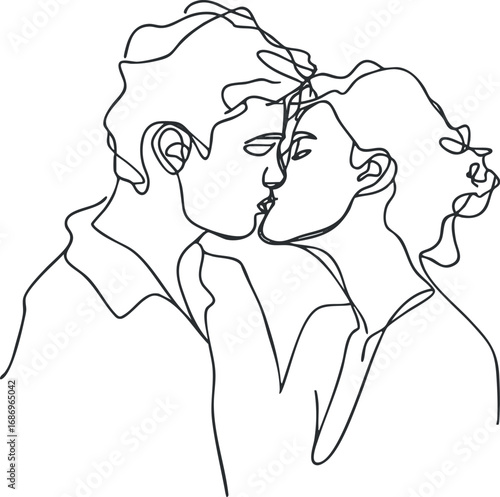 Minimalist line art illustration of a couple sharing a kiss symbolizing love and intimacy