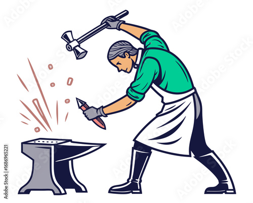 vector of a blacksmith hammering hot metal on anvil, sparks flying, wearing apron and gloves, white background
