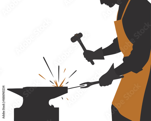 vector of a blacksmith hammering hot metal on anvil, sparks flying, wearing apron and gloves, white background
