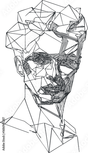 Abstract geometric line art of a human face and upper body in black and white, minimalist style.