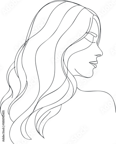 Minimalist line art of a woman profile with flowing hair and closed eyes in elegant style