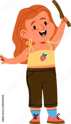 Girl Holding Stick Smiling