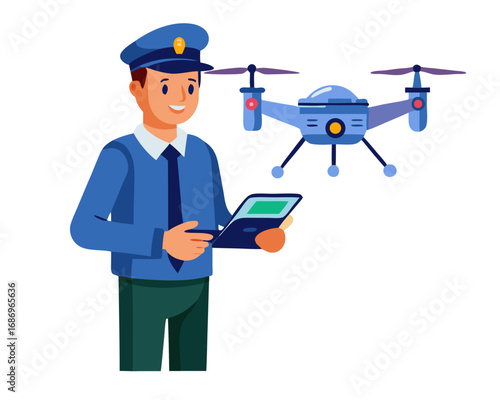 vector of a professional drone pilot operating drone via remote control, drone flying overhead, white background
