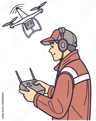 vector of a professional drone pilot operating drone via remote control, drone flying overhead, white background
