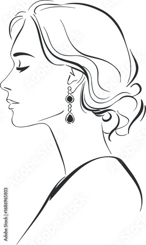 Minimalistic black and white line art of a woman's profile wearing elegant dangling earrings.