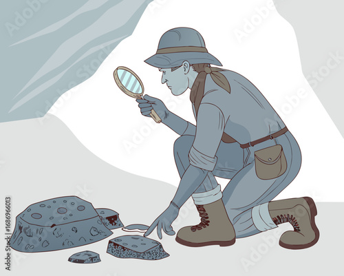 vector of a geologist kneeling with magnifier and rock samples, mountain or cave background, white background
