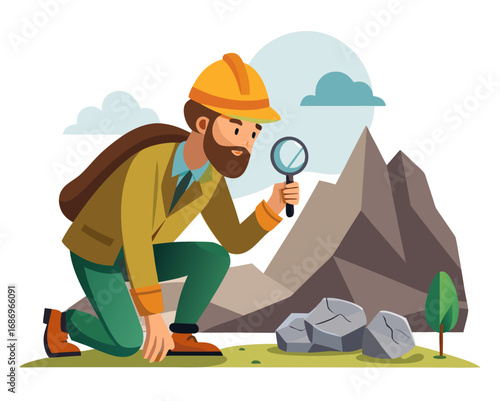 vector of a geologist kneeling with magnifier and rock samples, mountain or cave background, white background
