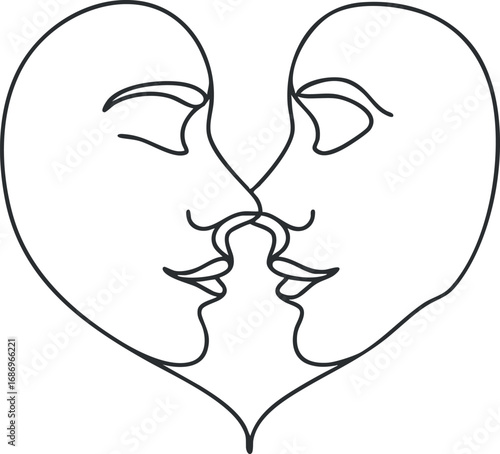 Minimal line art of two faces forming a heart shape symbolizing love and romantic connection.