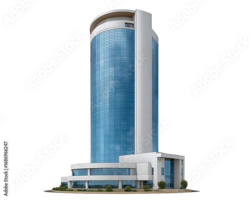 Modern glass office skyscraper with blue reflective windows, cylindrical shape, white accents, and surrounding greenery, suitable for business district or urban cityscape illustration