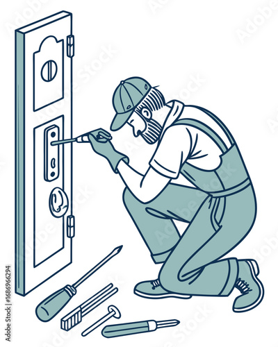 vector of a locksmith kneeling to fix a door lock using tools, with lockpick kit beside, white background
