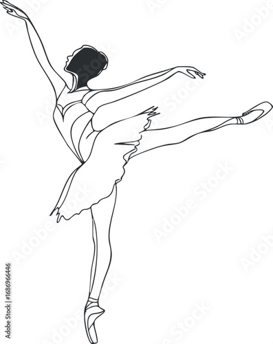 Line drawing of a ballerina performing a graceful ballet pose in tutu and ballet shoes