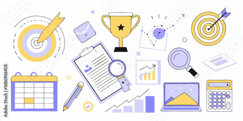 Business success and planning elements including targets charts calendar trophy and laptop