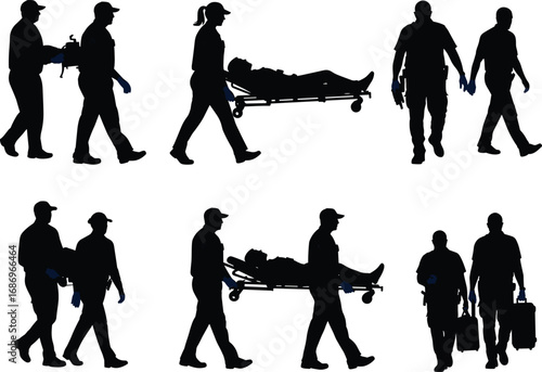 Emergency medical responder silhouettes, stretcher transport, healthcare teamwork, ambulance crew, patient care, rescue operation, first aid, uniformed staff, vector illustration, crisis response