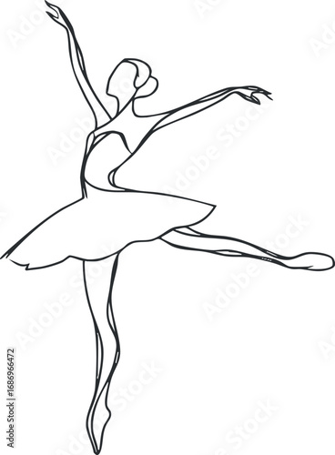 Line art illustration of a graceful female ballet dancer in tutu performing an elegant pose
