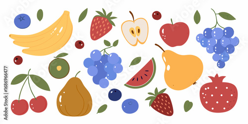 A vibrant collection of fresh fruits including bananas strawberries apples grapes pears watermelon blueberries cherries and pomegranate