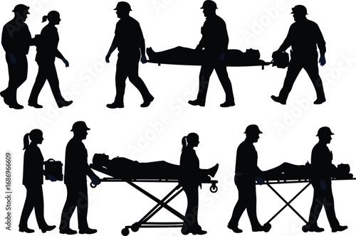 Emergency responder silhouettes, stretcher transport scenes, helmeted medical staff, patient care, ambulance teamwork, crisis response, healthcare action, vector illustration, rescue operation