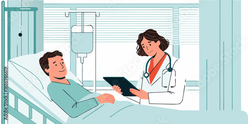 Friendly female doctor discusses medical results with a smiling male patient in a hospital bed