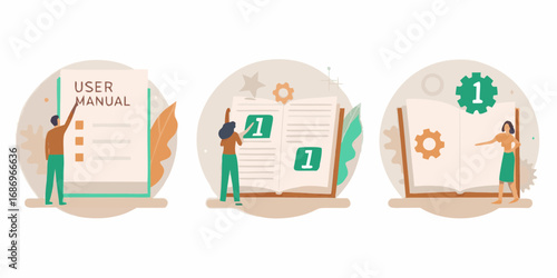 Illustrations depicting people interacting with user manuals and instructional guides with gears and numbers