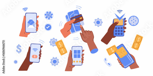 Diverse hands using smartphones and credit cards for contactless payments and financial transactions