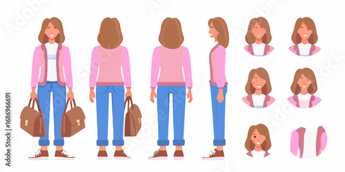 Full body character design of a young woman with multiple views and facial expressions