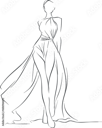 Fashion sketch illustration of a woman wearing a flowing elegant gown with high slit and halter neck design