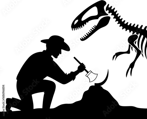 vector of a paleontologist brushing off dinosaur bones in excavation site, wearing hat, white background
