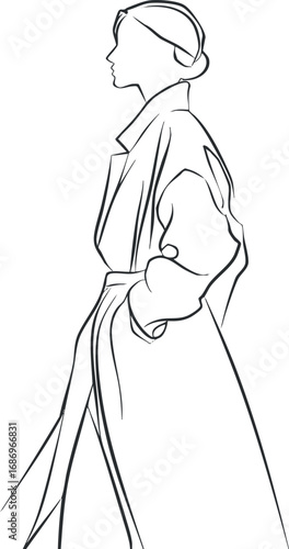 Line art illustration of a woman in profile wearing a long coat with hands in pockets