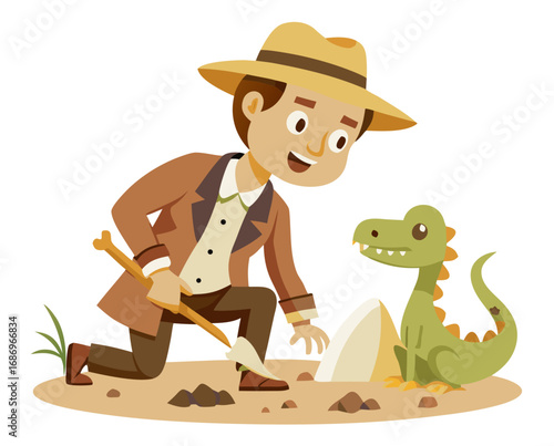 vector of a paleontologist brushing off dinosaur bones in excavation site, wearing hat, white background
