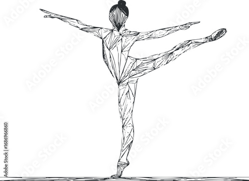 Minimalist black and white sketch of a female ballet dancer balancing on one foot with arms extended and leg raised.