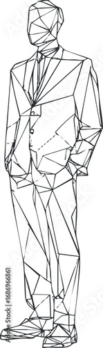 Abstract geometric line art of a man in a business suit standing with hands in pockets