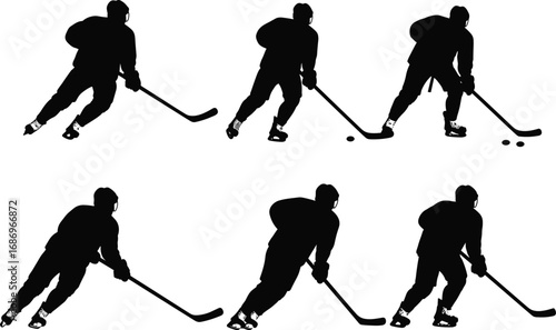 Ice hockey player silhouettes, skating poses, puck control, stick handling, sports action, athletic movement, team sport, winter game, vector illustration