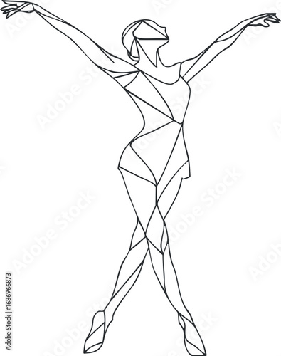 Abstract line art of a female ballet dancer in an elegant pose with arms raised and crossed legs.