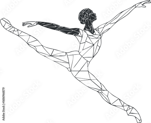 Stylized black and white line art illustration of a female ballet dancer leaping gracefully in midair.