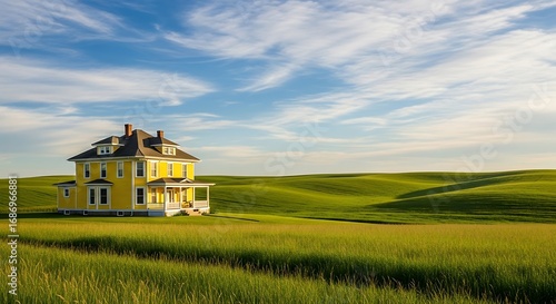 Yellow Farmhouse Amidst Rolling Green Hills and a Wispy Blue Sky