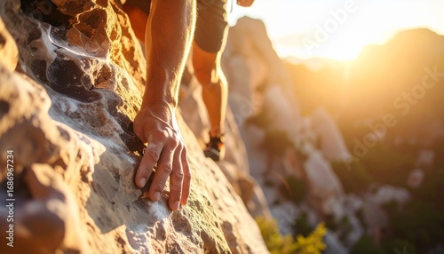Person climbing rocky outcrop golden hour