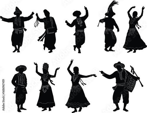 Traditional dance silhouettes, ethnic performers with sticks, cultural costumes, rhythmic movement, folk celebration, tribal choreography, expressive poses, heritage vector, festival illustration
