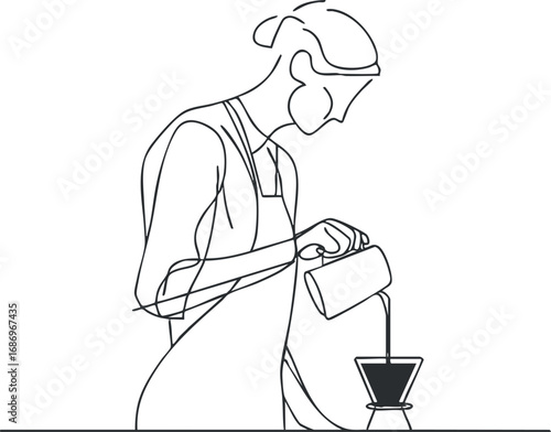 Minimalist line art illustration of a barista woman pouring coffee using a drip coffee maker with filter