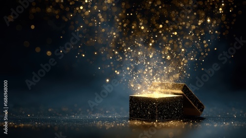 An open gift box with golden sparkling particles floating out, magical and dreamy atmosphere