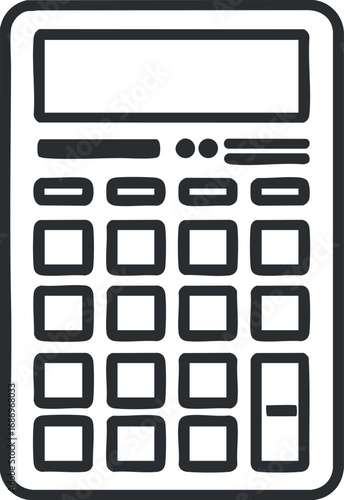 Simple black and white digital calculator icon with display and buttons for arithmetic operations