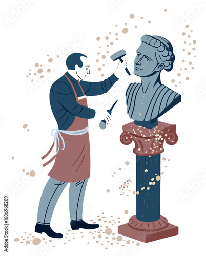 vector of a sculptor chiseling a stone bust on pedestal, dust flying, isolated on white background

