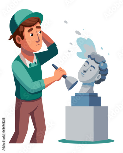 vector of a sculptor chiseling a stone bust on pedestal, dust flying, isolated on white background
