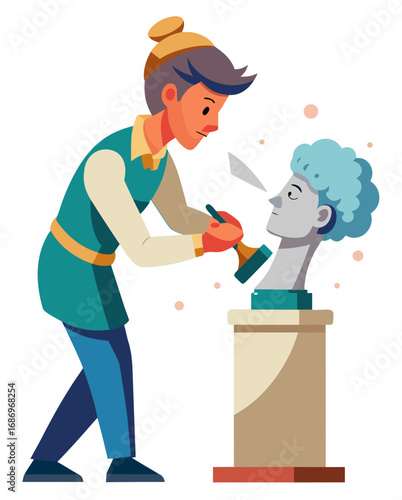 vector of a sculptor chiseling a stone bust on pedestal, dust flying, isolated on white background
