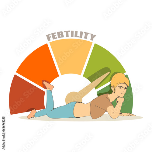 Meter scale with arrow. Fertility measuring device icon. Sign of indicator. The concept of women's health, gynecology, menstrual cycle, ovulation. Young woman lying near meter scale